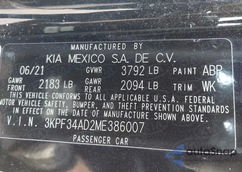 2021 Kia Forte Gt-Line from USA, damaged, VIN 3KPF34AD2ME386007